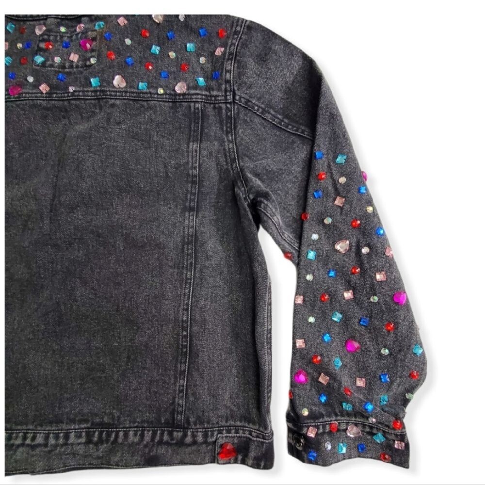 Rock Glam Rhinestone Studded Black Denim Jacket Bedazzled Vintage Size 10 - Picture 11 of 15